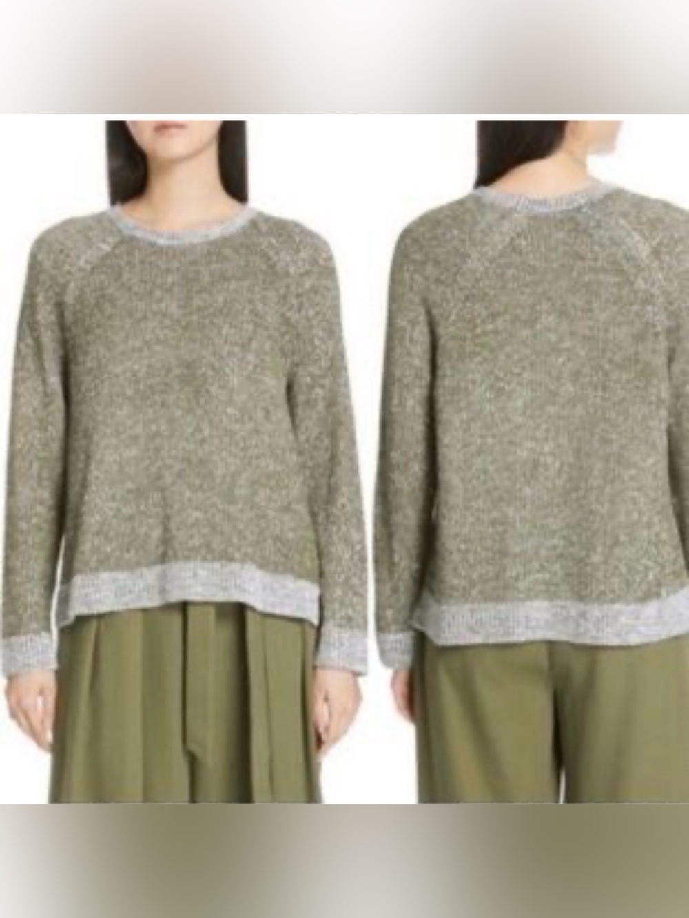 Eileen Fisher Olive Marled Crewneck Sweater with Contrast Trim Women’s Size XXS